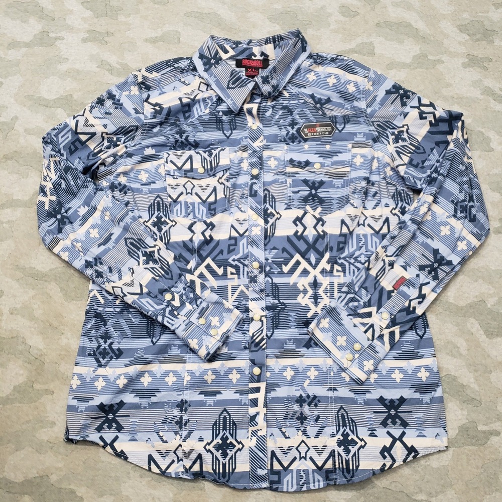 Rock & Roll Denim Top Womens XL Blue Aztec Pearl Snap Long Sleeve NWT Western